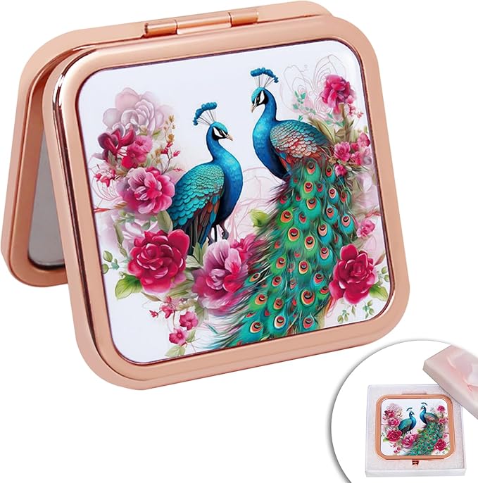 Vintage Compact Mirror Small Peacock Travel Makeup Mirror 2X 1X Magnification Double Sided Folding Square Mirror for Women Girl Metal Cosmetic Pocket Mirror for Purse Handbag