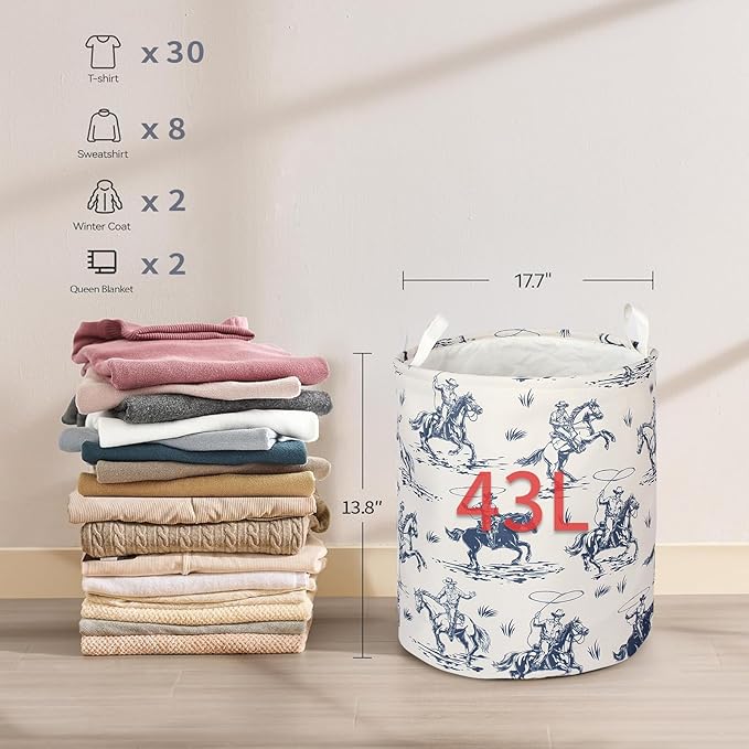 2Pcs Western Cowboy Cute Kids Laundry Basket Baby Nursery Hamper Western Room Decor Foldable Oxford Cloth Funny Tote Clothes Storage Bucket Organizer For Bedroom Teen Girls Boy (Cowboy)