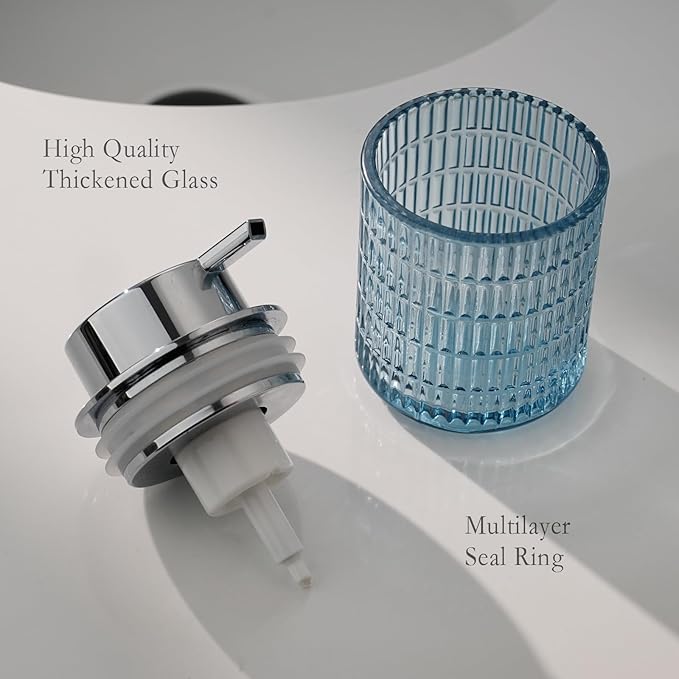 CICUFY Glass Foam Soap or Lotion Dispenser, Refillable Liquid Dispenser with Large Silver Pump (Striped Pattern-Blue)