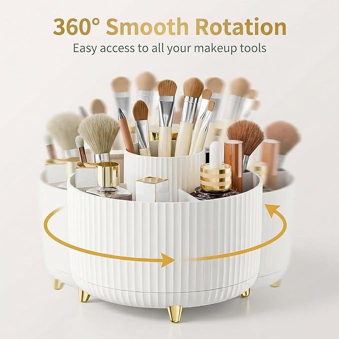 360?? Rotating Makeup Brush Holder with 5 Compartments ?€? Pure White ABS Cosmetic Organizer for Vanity, Bathroom, Desktop | Non-Slip Base, Space-Saving Design | Perfect Bridal Shower Gift
