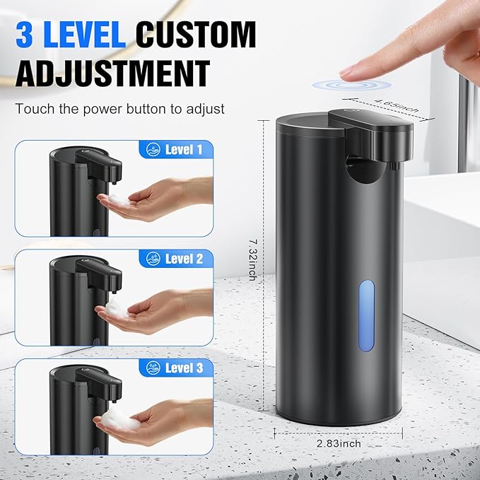 Automatic Foaming Soap Dispenser Touchless, Stainless Steel 11.5 oz 3 Levels Adjustable Hand Soap Dispenser with Rechargeable Sensor Pump for Kitchen & Bathroom Liquid Soap,Black