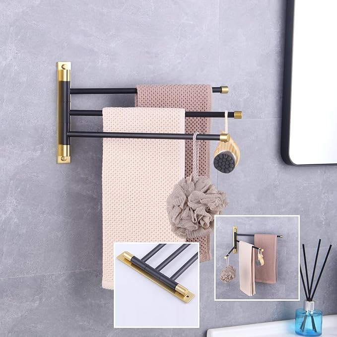 GERZWY SUS 304 Stainless Steel Bathroom Hand Towel Rack 3-Bar Folding Arm Swivel Hanger Bath Towel Holder Swing Out Towel Bar Wall Mount (Black & Gold) HYG03-BD
