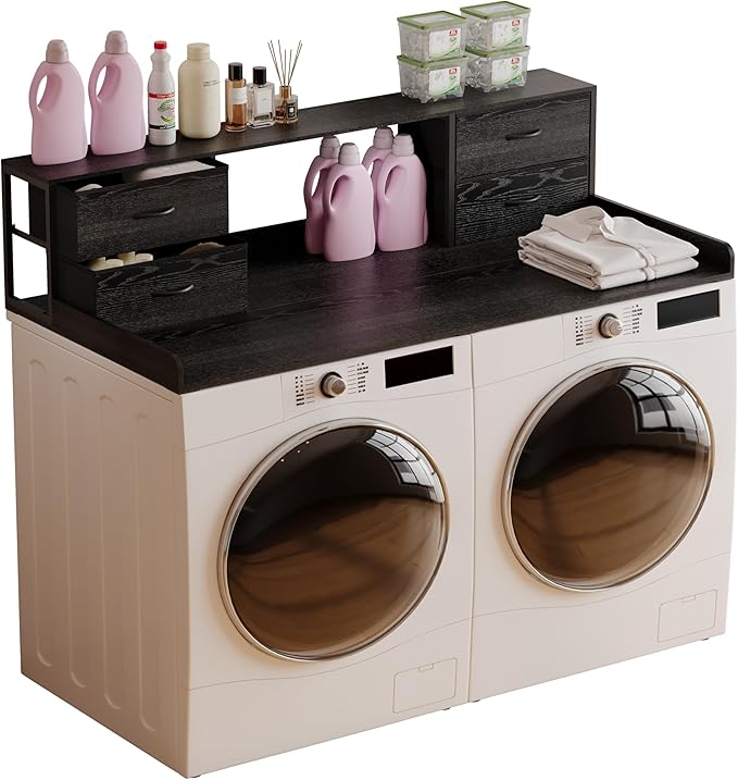 Unionly Washer and Dryer Countertop, 27.5“ D x 53.9“ W x 12.9“ H Solid Wood Washer and Dryer Countertop with Organizer Shelves with Four Drawers for Laundry Room Organization (Black)