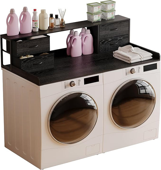 Unionly Washer and Dryer Countertop, 27.5“ D x 53.9“ W x 12.9“ H Solid Wood Washer and Dryer Countertop with Organizer Shelves with Four Drawers for Laundry Room Organization (Black)