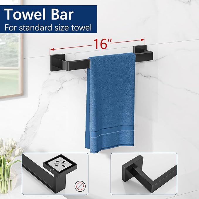 5-Piece Bathroom Hardware Accessories Set, Towel Racks for Bathroom Wall Mounted Stainless Steel, Matte Black Towel Bar Set 16In