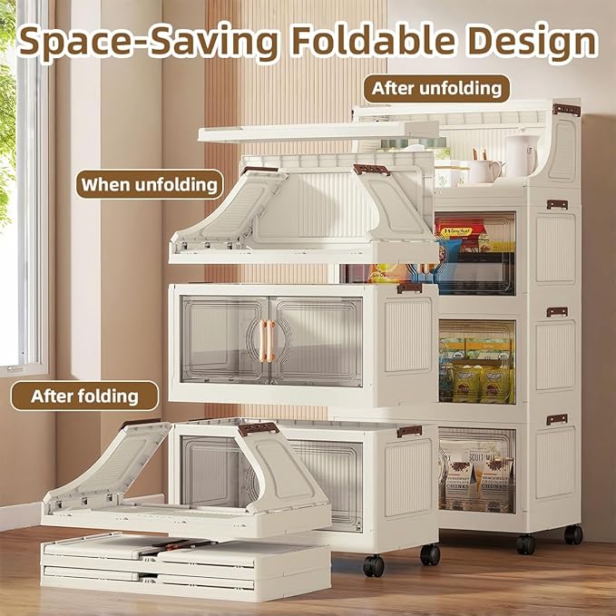 174QT Stackable Storage Bins with Lids & Rack, 4 Tier Large Capacity Foldable Storage Cabinet, Clear Collapsible Pantry Organizer for Home, Kitchen, Bathroom, Dorm, Office