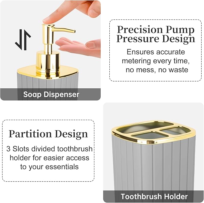 2PCS Bathroom Accessories Set, Grey Bathroom Accessories Include Soap Dispenser and Toothbrush Holder for Boho Bathroom Decor