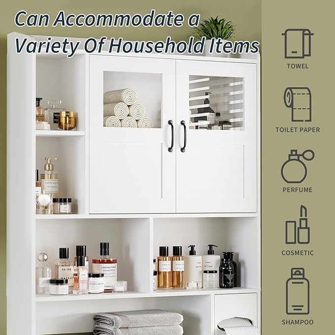 Farmhouse Style Over Toilet Storage Cabinet, 67" Tall Bathroom Organizer Unit with Sliding Barn Doors & Open Shelving for Bathroom, Neutral Wood Grain Finish