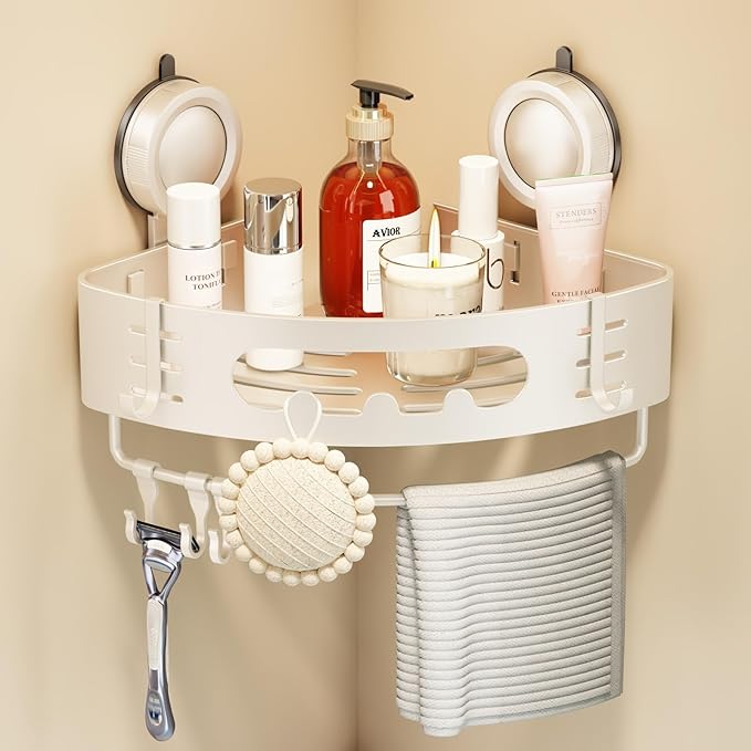 Voldra Corner Shower Caddy Suction Cup, Aluminum Corner Shower Shelves for Wall No Drilling, Large Suction Cup Shower Organizer with Towel Bar & Hooks Removable Bathroom Storage Rack(1 Pack-White)