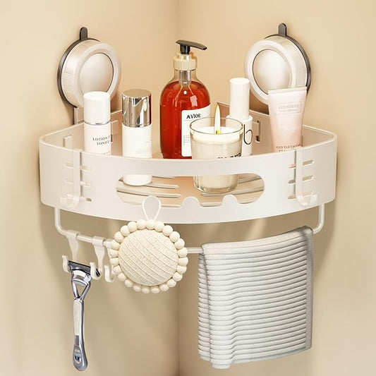 Voldra Corner Shower Caddy Suction Cup, Aluminum Corner Shower Shelves for Wall No Drilling, Large Suction Cup Shower Organizer with Towel Bar & Hooks Removable Bathroom Storage Rack(1 Pack-White)