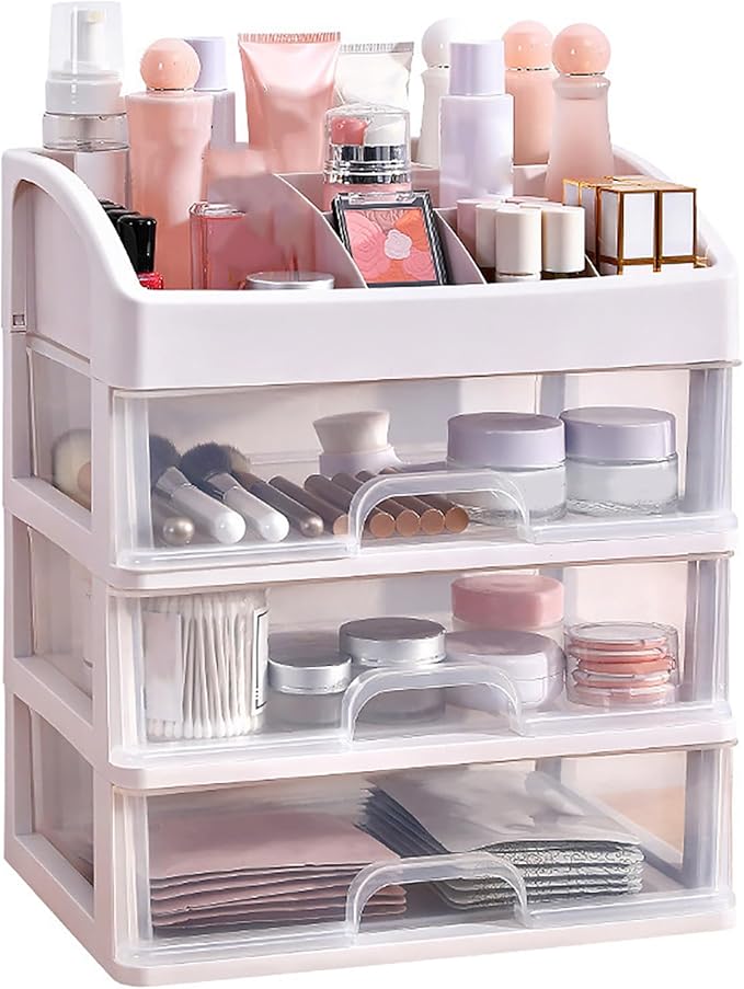 GOTOTOP 3 Tier Drawer Makeup Storage Box, Clear Plastic Cosmetic Organizer, Stationery Storage with Jewelry Drawer, Drawers