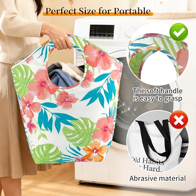 Large Capacity 47L Laundry Hamper, Foldable Waterproof Storage Basket with Soft Handle, Portable Collapsible Laundry Bag for Home Dorm Camping and Car Use