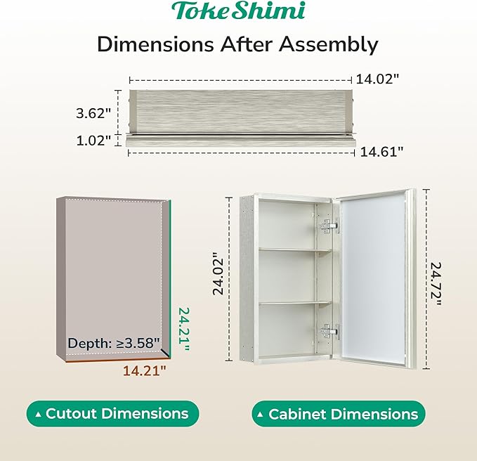 TokeShimi 14 x 24 Brushed Nickel Recessed Medicine Cabinet with Mirror, Assembly Required, Bathroom Medicine Cabinet with Mirror, Stepless Adjustable Shelves, Beveled Aluminum Frame, DTC Hinge