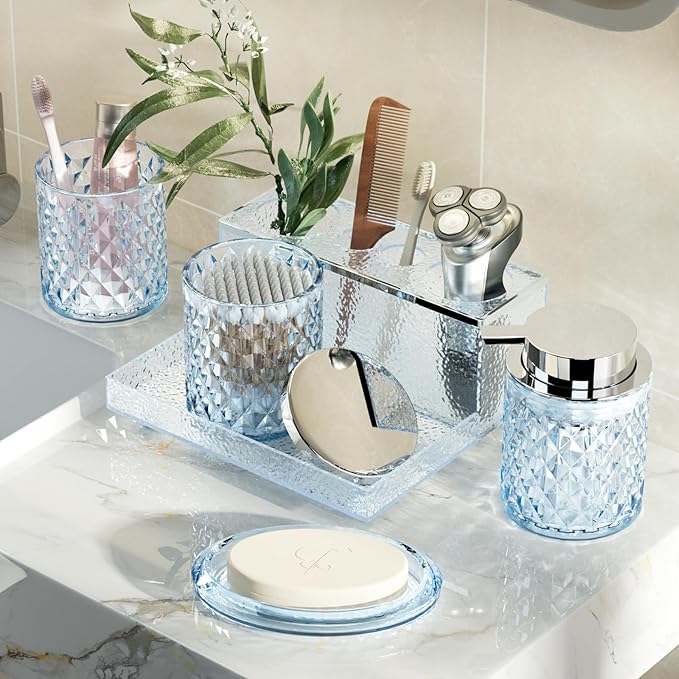 Glass Bathroom Accessories Set 5Pcs Crystal - Blue Foaming Soap Dispenser, Soap Dish, Cup, Acrylic Toothbrush Holder with Tray Organizer, Cotton Swab Jar, Bathroom Counter Set Sink Decor