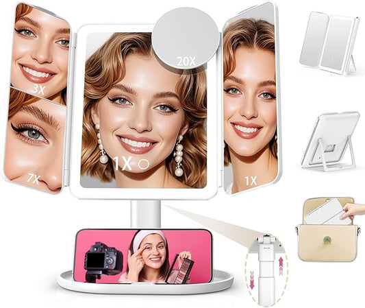 Mocado Makeup Mirror with Lights, 20X/7X/3X Magnifying Mirror with Light,Rechargeable & Height Adjustable Lighted Makeup Mirror,Vanity Mirror with 3 Colors Lights,Detachable Design for Travel(White)