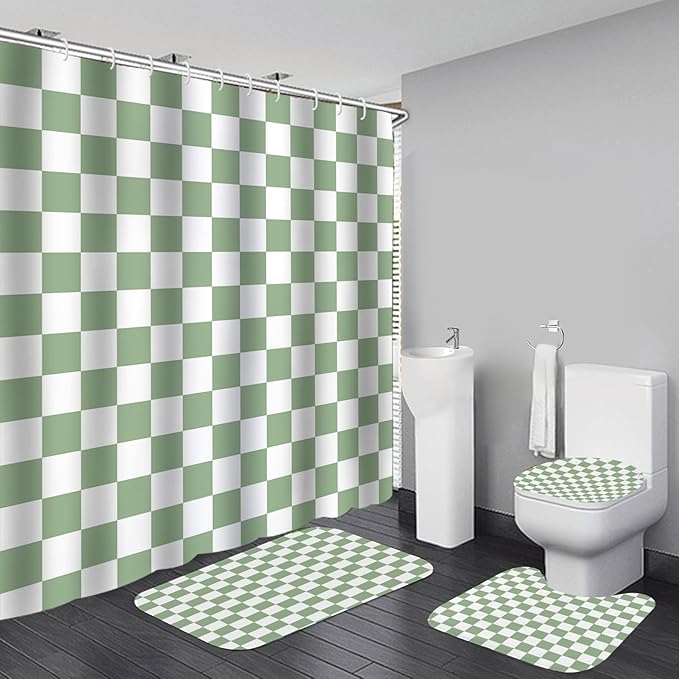 4 PCS Checkered Shower Curtain Sets Fun Gingham Bathroom Sets Soft Non Slip Bath Rugs Toilet Cover U-Shaped Mat Retro Bright Waterproof Shower Curtains with 12 Hooks for Tub Toilet, Green