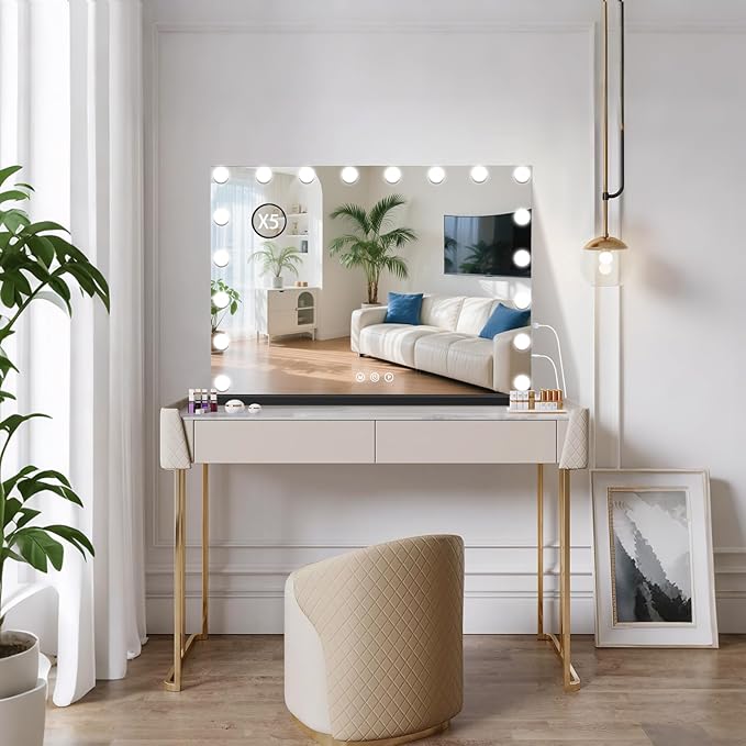 halumao Vanity Mirror with Lights, 31.5" x 23.6" Large Makeup Mirror with LED Lights, Smart Touch Dimmable 3-Color Light, Memory Function, USB Charging Port Black