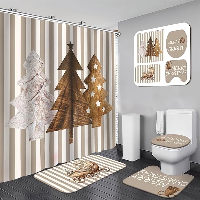 Drydiet 4 Pcs Christmas Shower Curtain Set Bathroom Decoration Non Slip Rugs Mat Toilet Lid Cover Shower Curtain for Xmas Holiday Farmhouse Home Bathroom Decor(Brown Christmas)