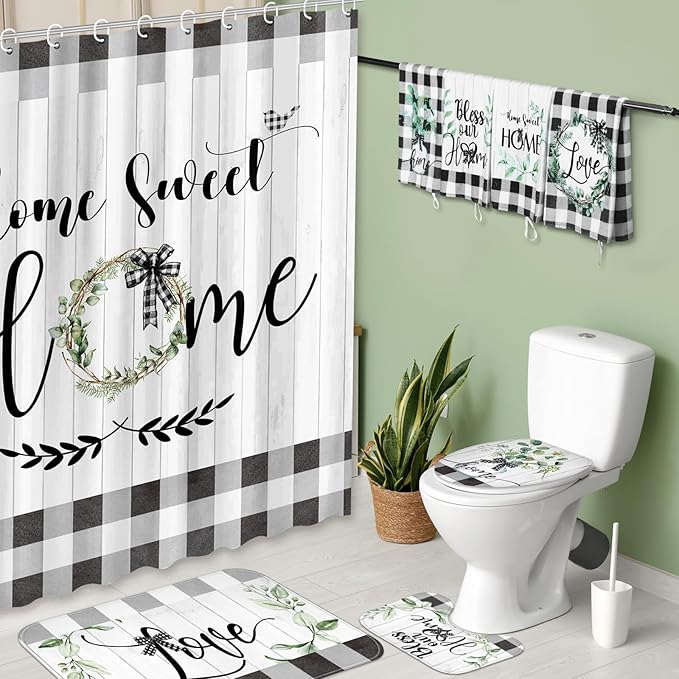 FuWeave 8 Pcs Black and White Shower Curtain Sets for Home Bathroom Green Eucalyptus Decor Rustic Plaid Bathroom Accessories Shower Curtain Sets with Towels Carpet Bath Mat Toilet Rugs and 12 Hooks