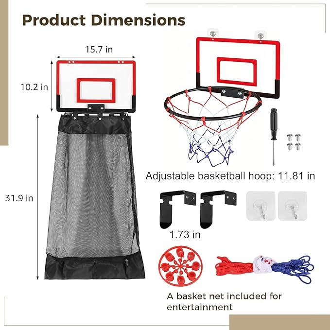 Over the Door Basketball Laundry and Net, Basketball Laundry Hamper Hoop with Zipper, Space-Saving Storage and Organization, for Kids Room, Dorm Rooms, Bathroom