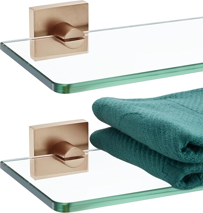 KOKOSIRI Tempered Glass Shelf 20-Inch Floating Wall Shelves Bathroom Rack Kitchen Shower Storage, 2 Pack Champagne Bronze Stainless Steel B1107CPG-L20-P2