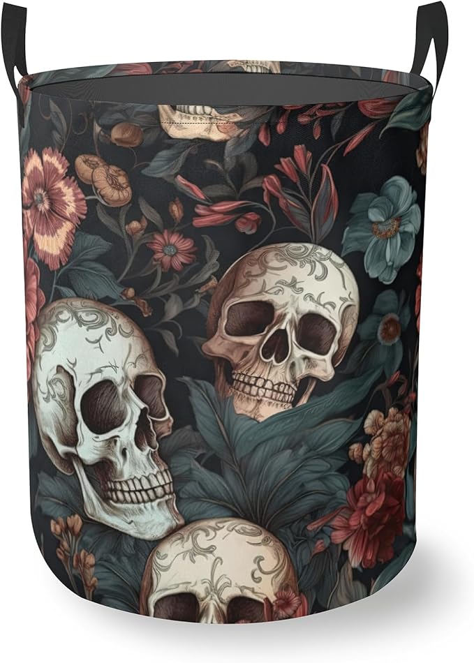 Laundry Hamper Foldable Oxford Cloth Retro Skull Flower Laundry Basket With Handle Portable Clothes Storage Organizer Basket Storage Bag For Laundry Room/Bedroom/Bathroom