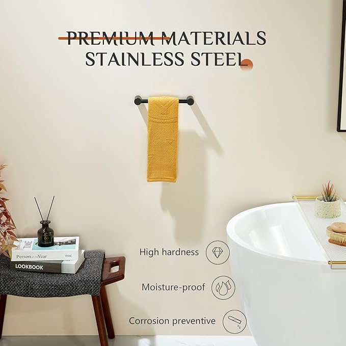 KOKOSIRI Towel Rings Matte Black 9-Inch Hand Towel Holder for Bathroom Wall Rack Wall Mount Bathroom Hardware Accessories Stainless Steel, B4007BK-L9