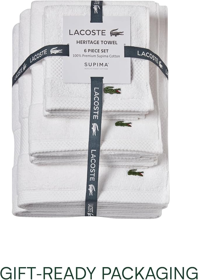 Lacoste Heritage Anti-Microbial Supima Cotton 6-Piece Towel Set, 2 Bath Towels, 2 Hand Towels, 2 Washcloths, White – Highly Absorbent & Quick Drying, Bathroom Essential, Machine Washable