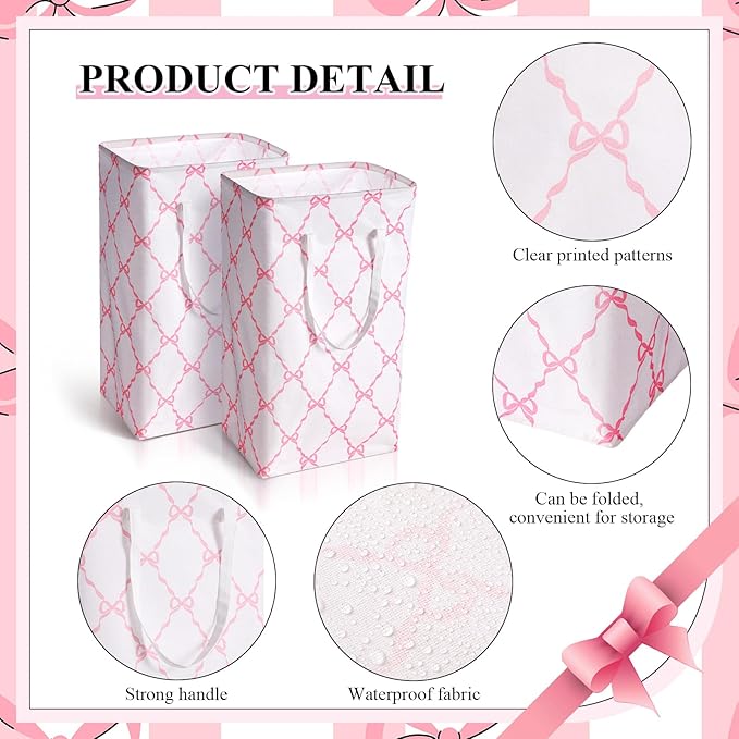 Leinuosen 2 Pcs 80l Large Bow Pink Laundry Hamper Basket with Waterproof Inner Lining, Collapsible Pink Clothes Storage Baskets Bin with Handles for Bedroom, Nursery & Home Organization(Grid)