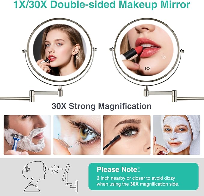30X/1X Lighted Makeup Mirror with Magnification, 8.5inch 3000mAh Rechargeable Magnifying Mirror with Light, 3 Color Lights,Touch Dimmable,Extended Arm 360 Rotation Wall Mounted Makeup Mirror