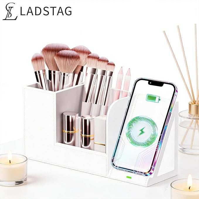 LADSTAG Makeup Brush Holder Organizer with Phone Charging Stand – Leather Cosmetic Cup for Perfume, Nail Polish, Lipstick & Art Supplies | Vanity, Bathroom & Desktop Organizer