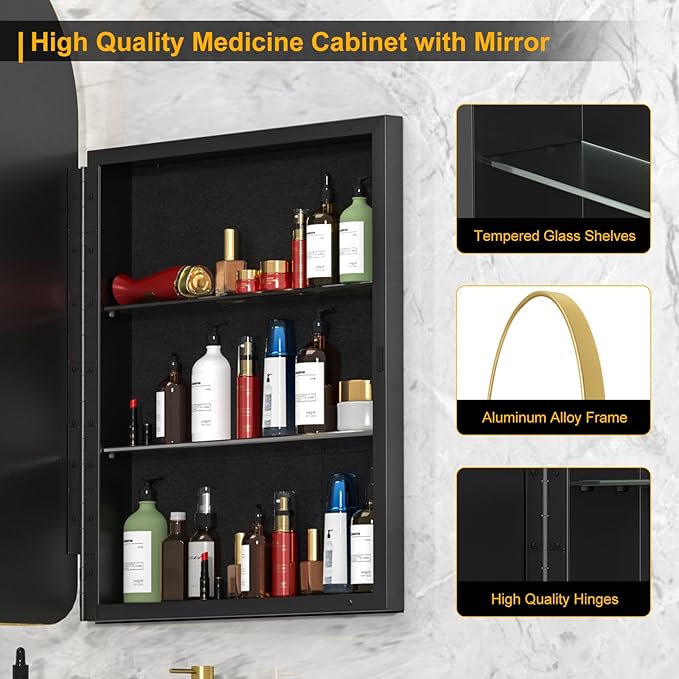 Arched Medicine Cabinet with Mirror,Recessed Medicine Cabinet,Gold Bathroom Arch Mirror Cabinet,Metal Framed Arch Medicine Cabinet Surface Mount,20x31Inch