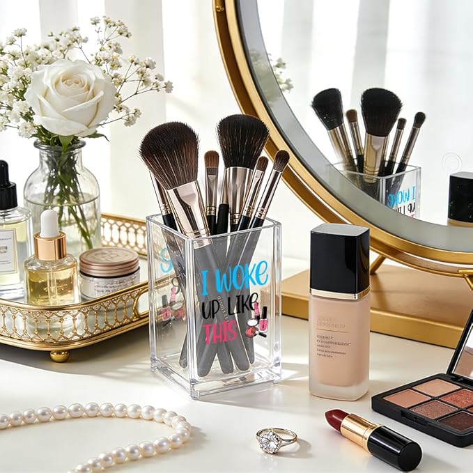 I Woke Up Like This Acrylic Cosmetic Pencil Pen Holder, Funny Vanity Accessories for Girls, Makeup Brushes Holder for Women Friend Sister, Desk Accessories Vanity Container for Makeup Lover