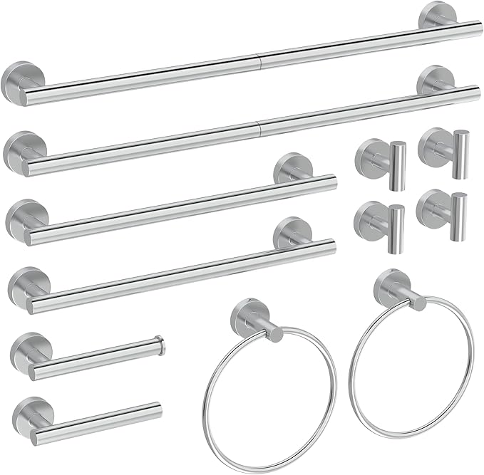 12 Pcs Chrome Bathroom Accessories Set, HOMEMYSTIQUE SUS304 Stainless Steel Bathroom Hardware Set, Bath Towel Bar Set, Toilet Paper Holders, Towel Rings Racks, Robe Towel Hooks