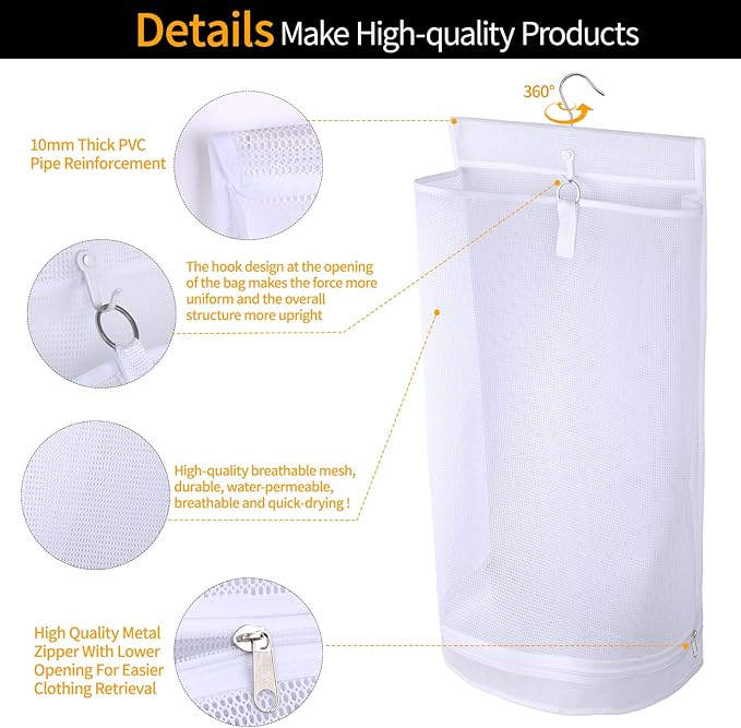 Hanging Collapsible Mesh Laundry Hamper - Breathable Fast Drying Laundry Bag, Space Saving Laundry Basket for Dorm, RV & Bathroom (White)