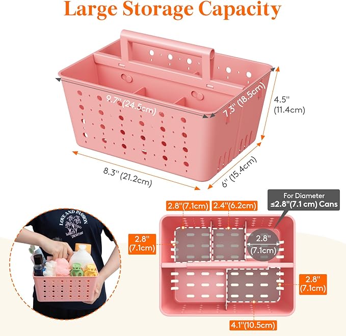 Lifewit Shower Caddy Portable, Plastic Bathroom Organizer with Handle and Holes, Hard Cleaning Basket for Toiletry Storage, College Dorm Essentials, Pink, 1 Pack