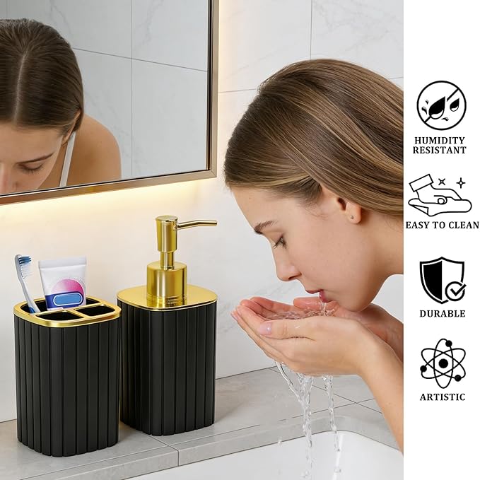 Bathroom Accessories Set 2 PCS- Black and Gold Bathroom Accessory Set, Bathroom Toothbrush Holder Set Includes Soap Dispenser and Toothbrush Holder for Boho Home Bathroom Decor