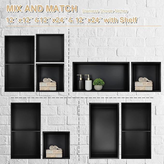 Matte Black Shower Niche 24" X 12" (Inner Size 23.2" X 11.2") 304 Stainless Steel Wall Niche Bathroom Shelf for Shower Wall No Tile Needed, Recessed Niche Shower Insert for Bathroom Storage
