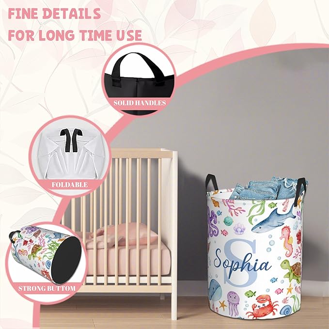 Custom Sea Animal Laundry Baskets, Personalized Ocean Themed Gifts with Customized Name, Collapsible Laundry Hamper for Kids Adults Home Decoration,16.5 X 13.8in