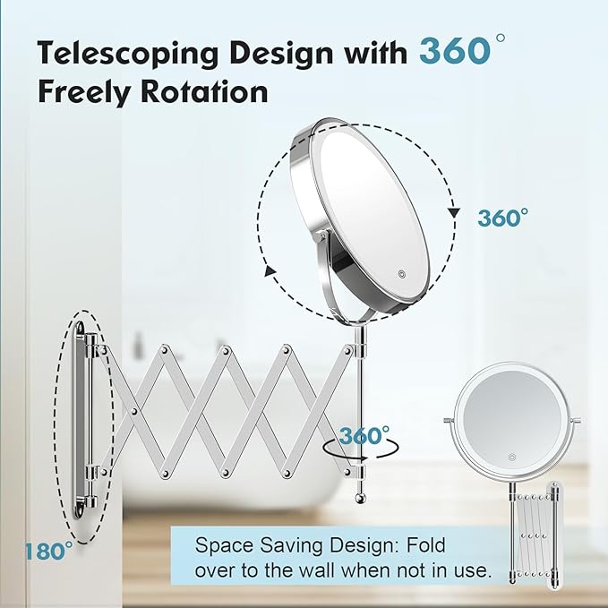 5000mAh Rechargeable Wall Mounted Makeup Mirror - 8 Inch Double Sided 1X/30X Magnifying Mirror with 3 Color Lights Dimmable Touch Screen, 360°Swivel 19.6 Inch Extendable Accordion Bathroom Mirror