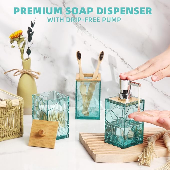 GAHEFY Teal Blue Beach Bathroom Accessories Set, Toothbrush Holder, Soap Dispenser, Cotton Swabs Holder, Soap Dish, Toilet Brush with Holder, Boho Bamboo Bathroom Decor,Acrylic (Teal)