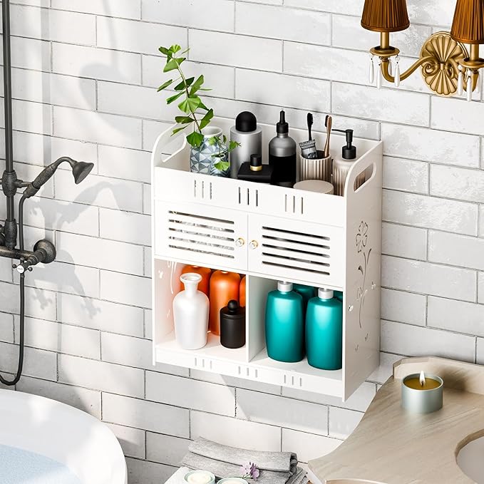Bathroom Storage Shelf, Wall-Mounted No-Drill Organizer with Multiple Tiers, No-Drill Bathroom Storage Rack Large Capacity Cosmetic Holder Wall-Mounted Toilet Shelf for Bathroom Toilet White
