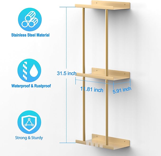 Liuoud Towel Rack for Bathroom, Wall Mounted Vertical Rolled Towel Storage Organizer Holder with Shelf, Holds Up 6 Large Bath Sheets, Gold Large Size