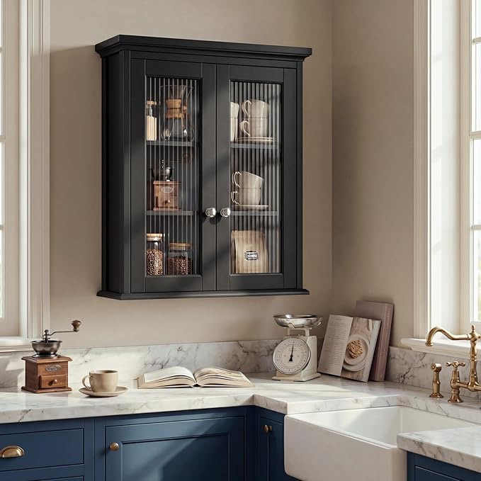 Wall Mounted Bathroom Cabinet with Fluted Glass Doors, Medicine Cabinet with Soft-Close Hinges, Space Saving Wall Organizer for Bathroom Above Toilet Storage (Black)