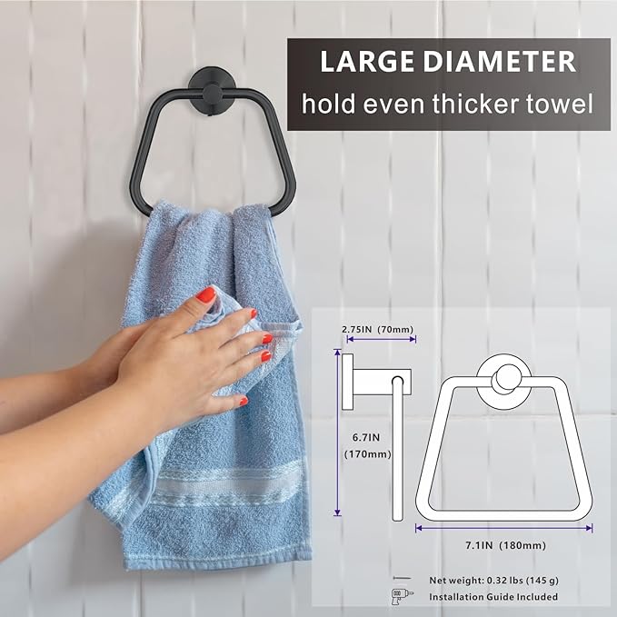 Bath Towel Ring, Bathroom Hardware Towel Holder, Matte Black Towel Ring for Bathroom, Modern Trapezoid Wall Mounted Towel Hanger, 304 Stainless Steel (Black)