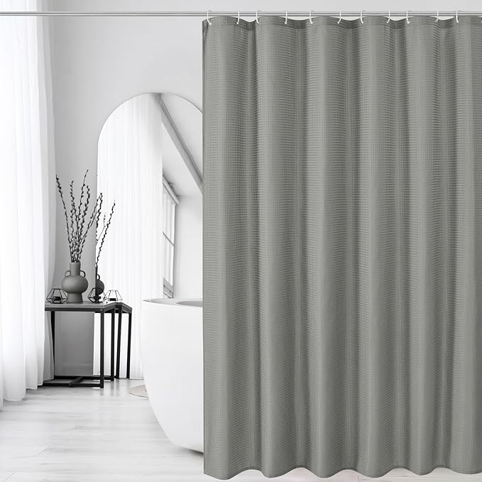 Gibelle Long Shower Curtain 72 x 78, 230GSM Tall Waffle Weave Textured Fabric Shower Curtain for Bathroom, Water Repellent, Machine Washable, Grey