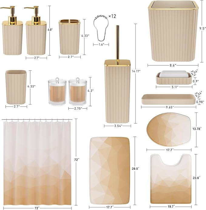 XLHOMO Bathroom Accessory Set - 26PC Bathroom Shower Curtain and Rug Set, Bathroom Accessories Set, Beige Bathroom Set with Trash Can, Toilet Brush, Qtip Holder & Soap Dispenser