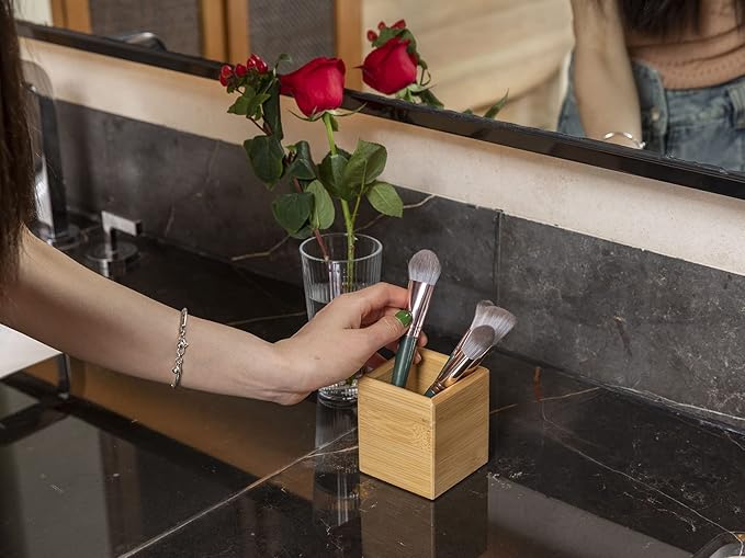 Makeup Brush Holder Organizer for Vanity, Hair Brush Holder Organizer for Bathroom Countertop, Bamboo