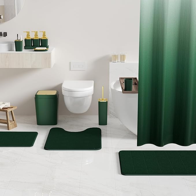 Bathroom Set - 27PC Bathroom Sets with Shower Curtain and Rugs, Green Bathroom Set, Green Bathroom Accessories Set with Push-lid Trash Can, Toilet Brush & Soap Dispensers