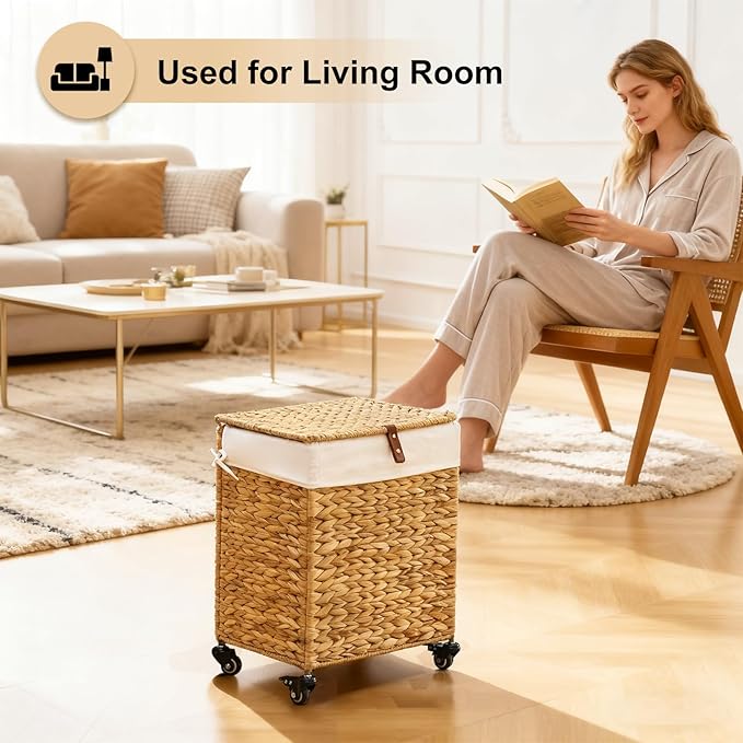 Handwoven Laundry Hamper with Wheels, Natural Water Hyacinth Rolling Laundry Basket with Lid and Removable Liner, Durable and Stylish for Bedroom, Bathroom, Laundry Room (Natural, 65L)